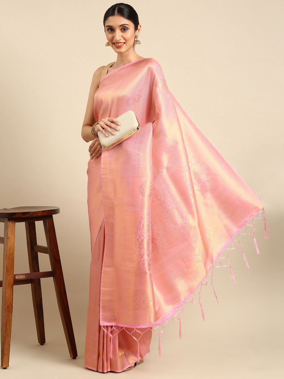 SHARAA ETHNICA Peach-Coloured Woven Design Pure Silk Kanjeevaram Saree Price in India