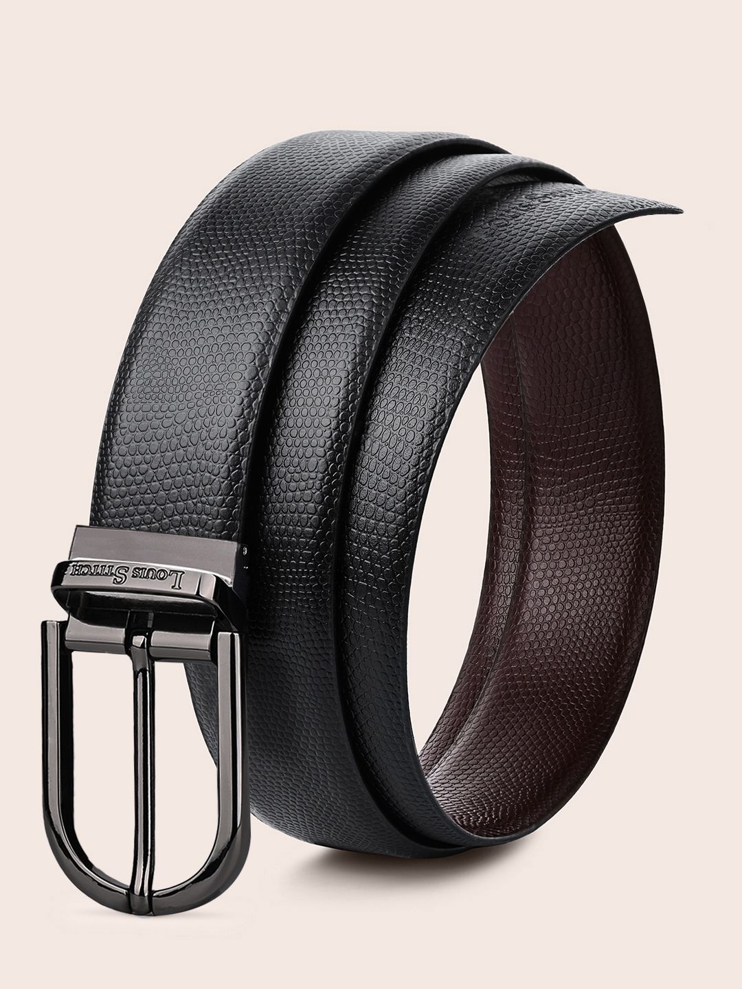 LOUIS STITCH Men Black Textured Leather Reversible Formal Belt