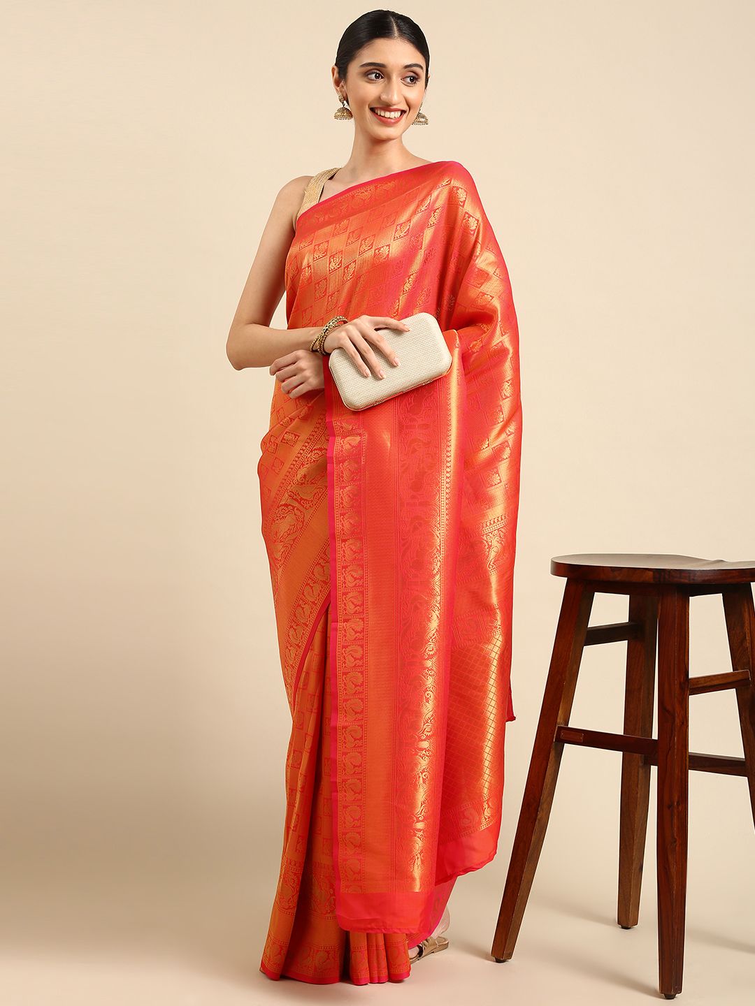 SHARAA ETHNICA Orange & Golden Woven Design Pure Silk Kanjeevaram Saree Price in India