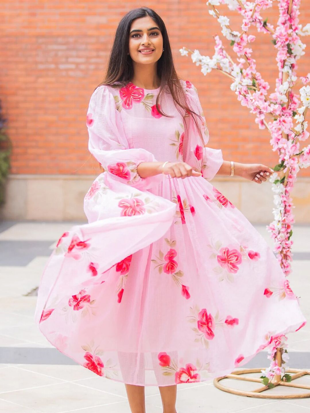 Ambraee Pink & Fuchsia Floral Midi Dress Price in India