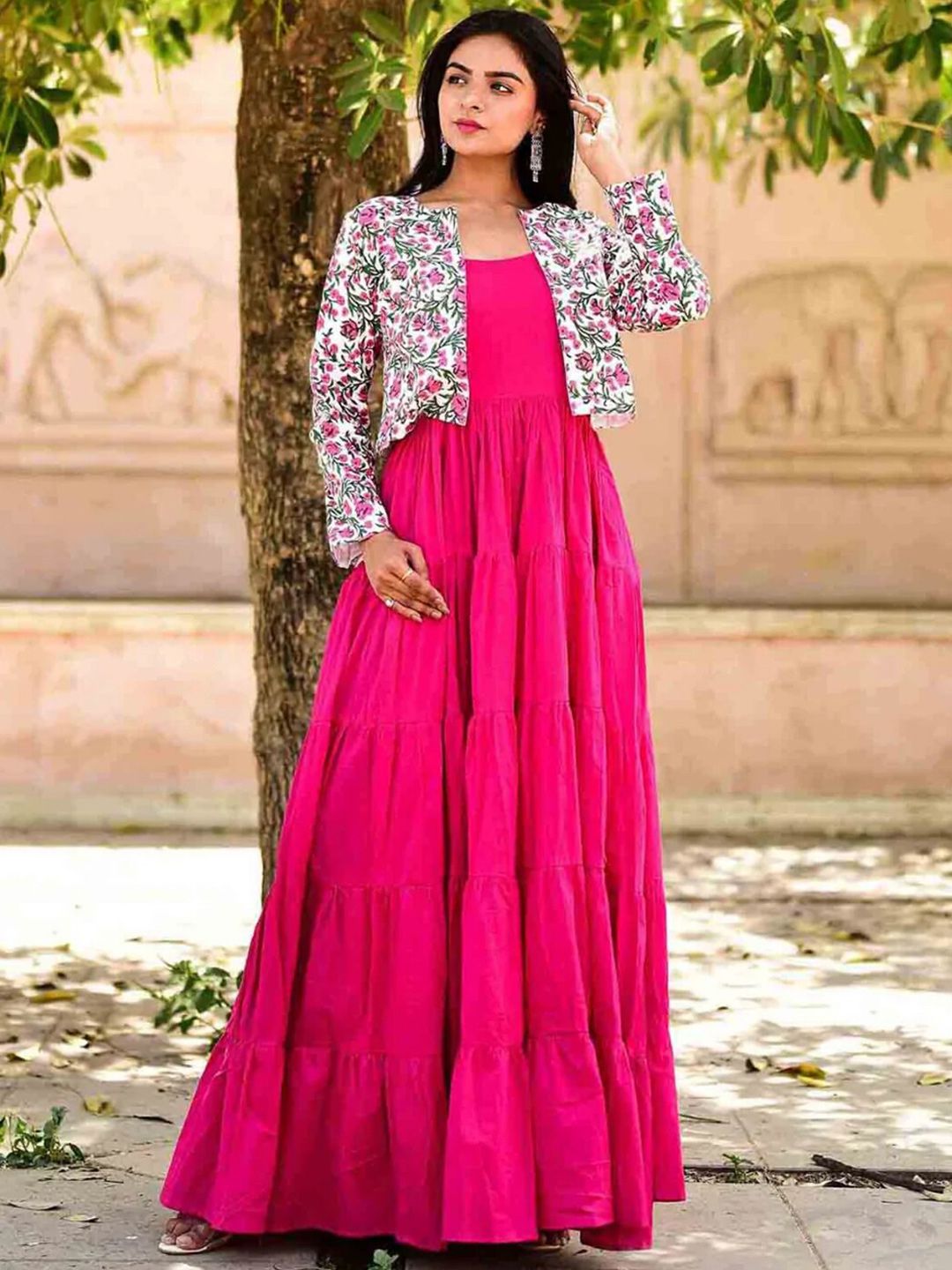 Ambraee Pink Layered Tiered Maxi Dress With Jacket Price in India