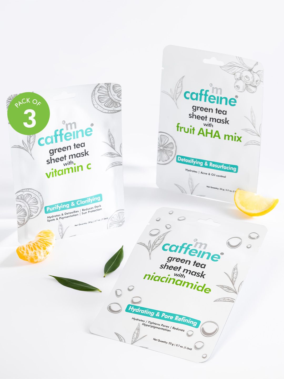 MCaffeine Set of 3 Green Tea Sheet Masks with Vitamin C, Niacinamide & Fruit AHA-20g Each