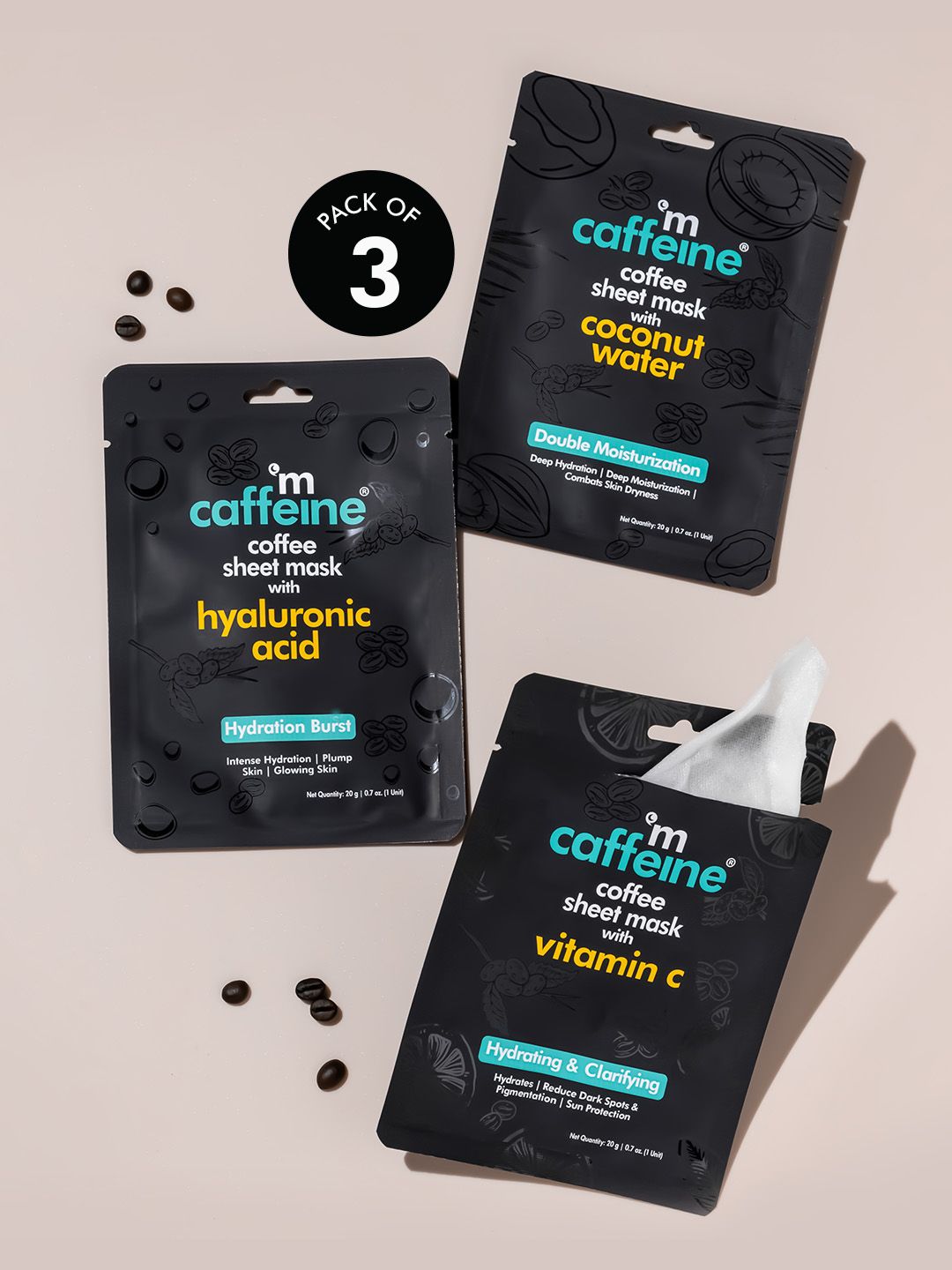 MCaffeine Set of 3 Coffee Sheet Masks with Vit C, Hyaluronic Acid & Coconut Water-20g Each