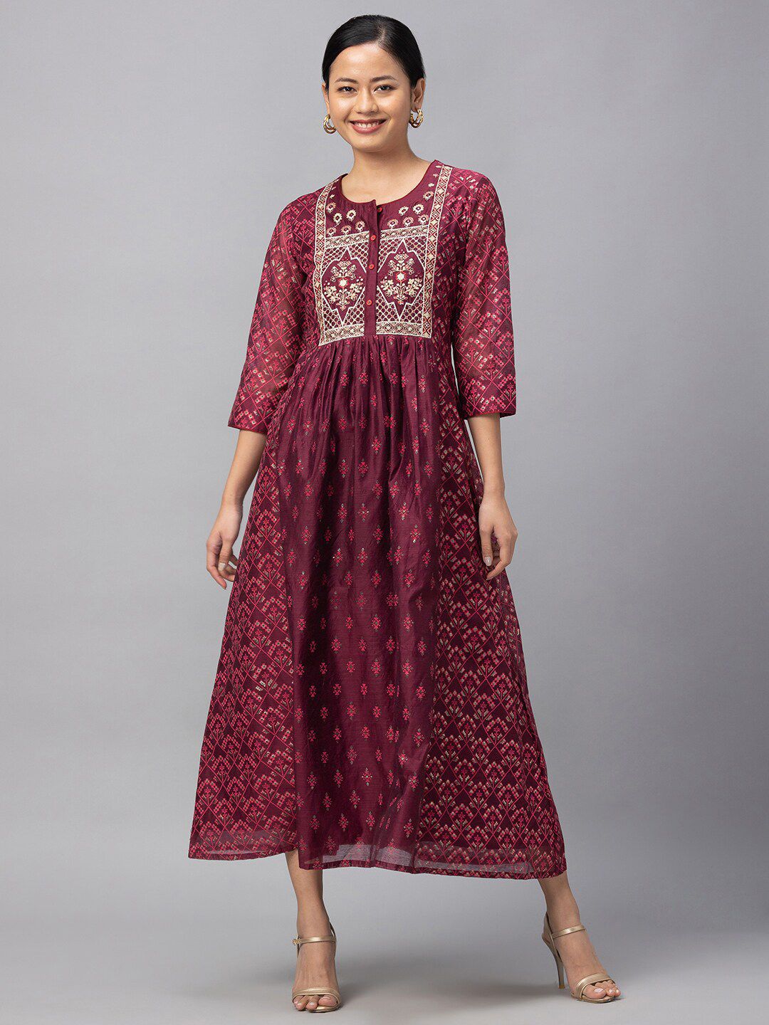 Globus Burgundy Ethnic Motifs Ethnic Maxi Dress Price in India