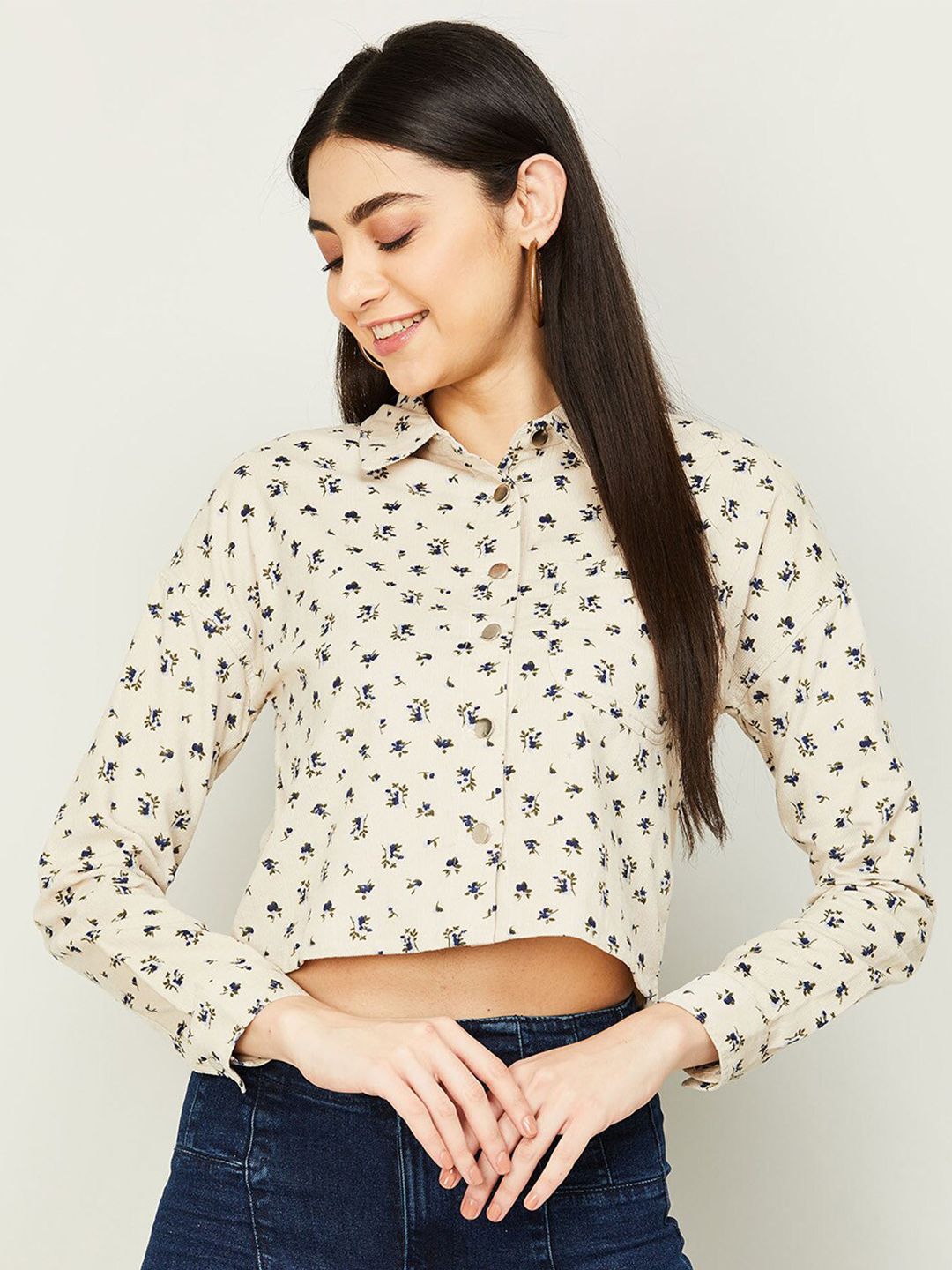 Ginger by Lifestyle Beige Floral Print Shirt Style Crop Top Price in India