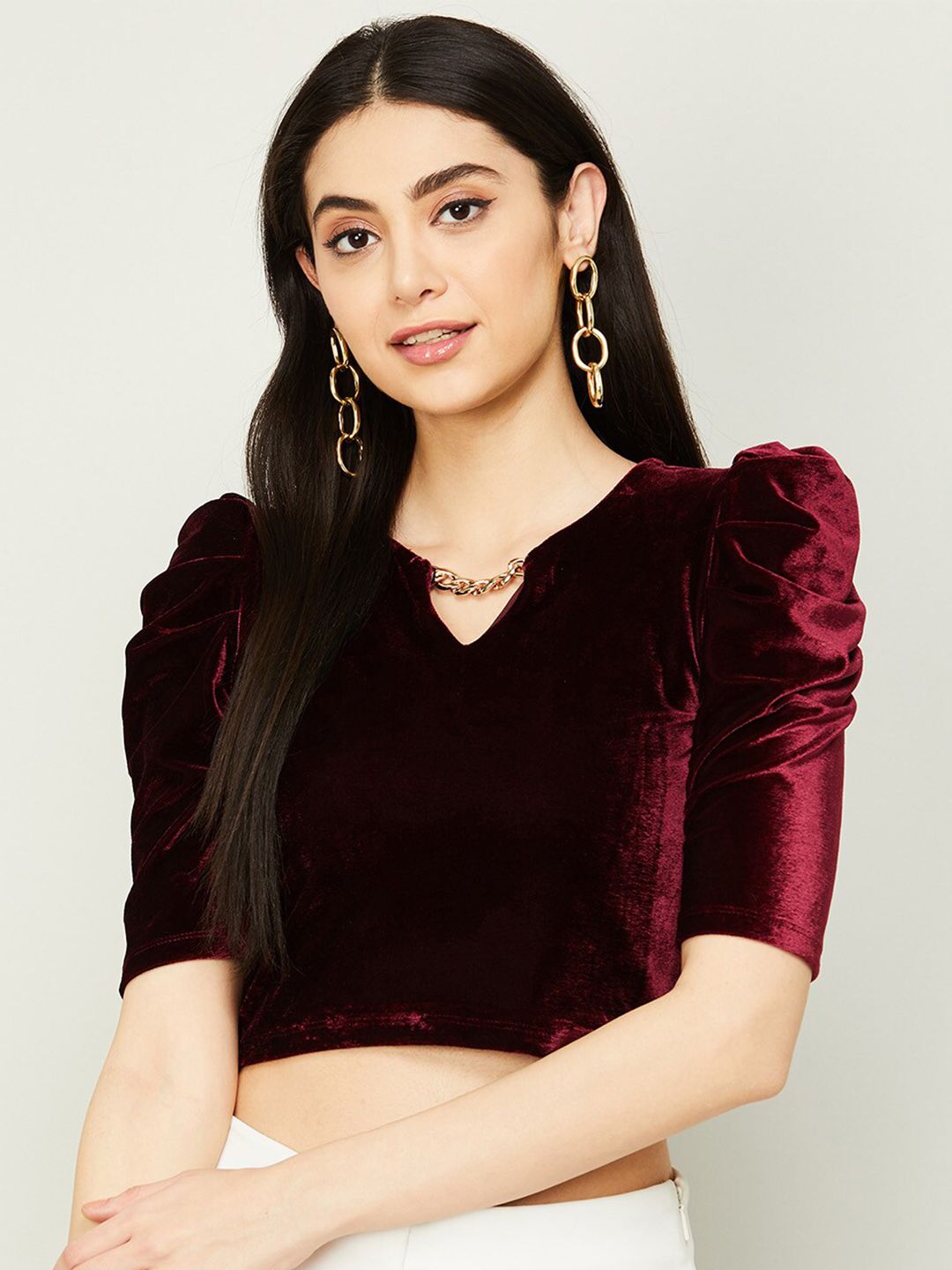 Ginger by Lifestyle Maroon Keyhole Neck Crop Top Price in India