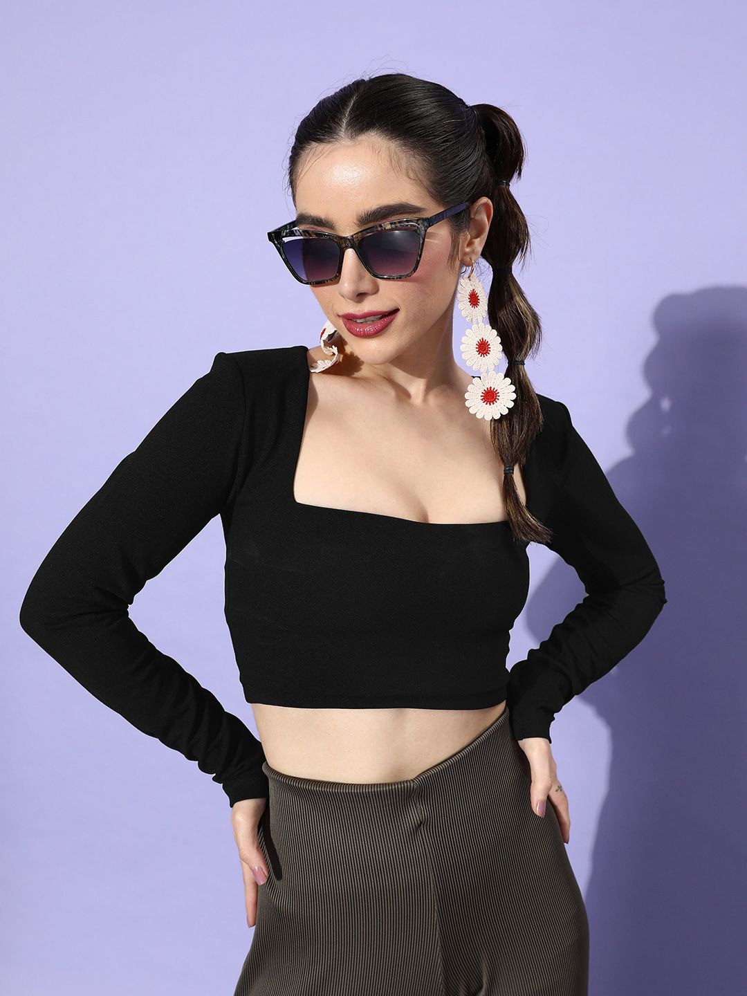 Mast & Harbour Black Long Sleeves Square Neck Fitted Crop Top Price in India