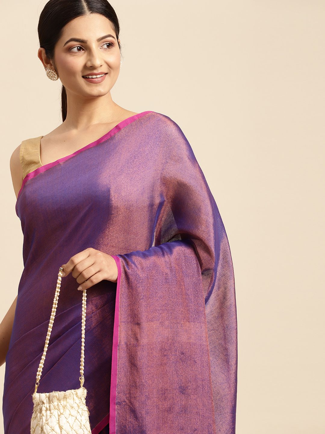 DESH BIDESH Purple Solid Tissue Taant Saree Price in India
