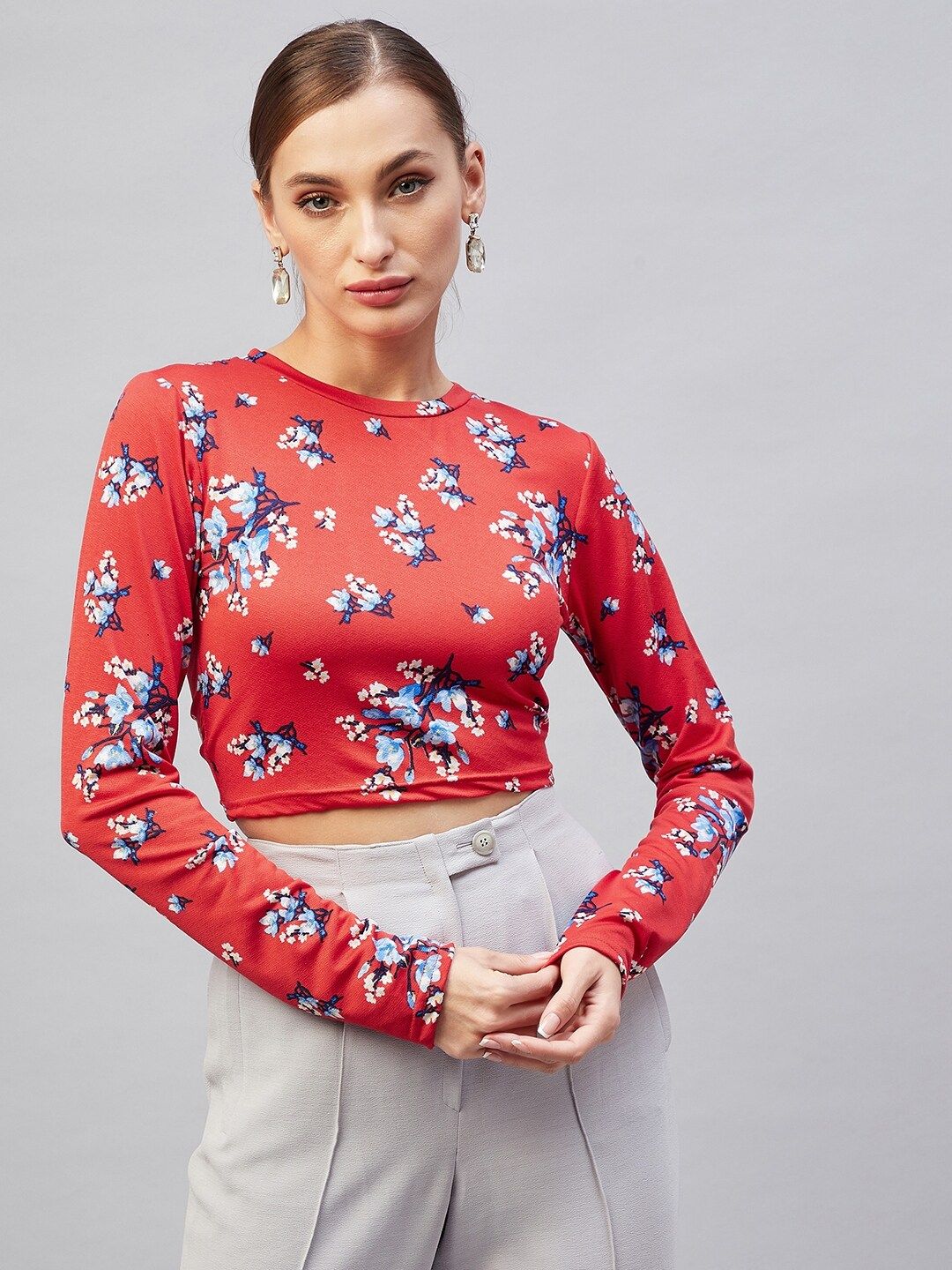 Marie Claire Red Floral Print Styled Back Crop Top Price in India