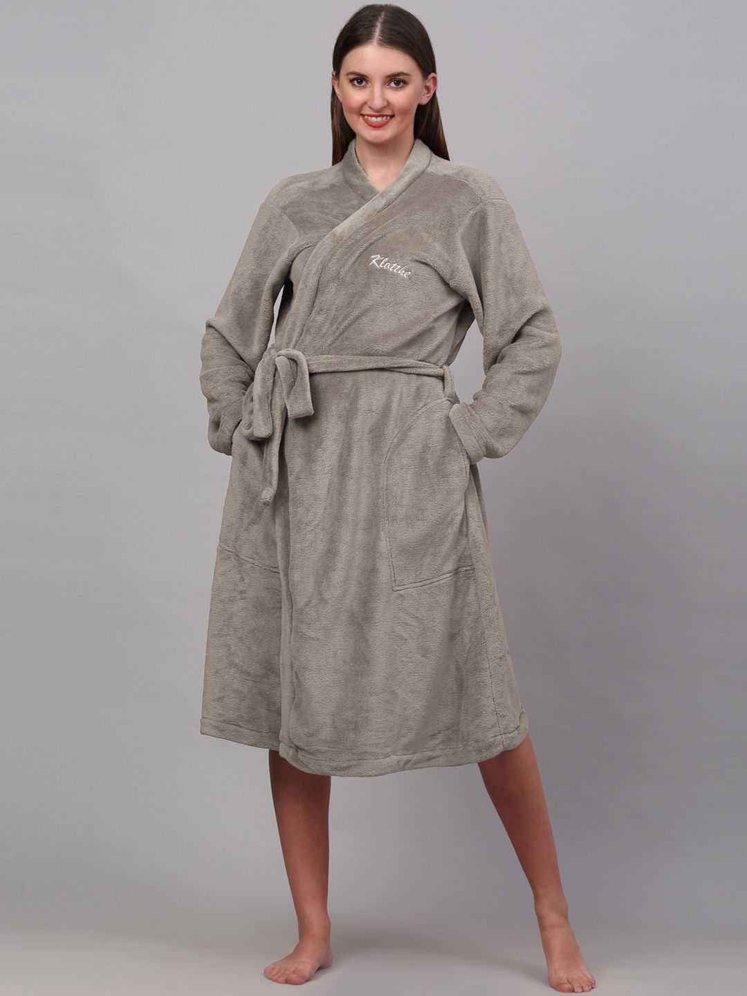 KLOTTHE Women Solid Woolen Bath Robe With Belt
