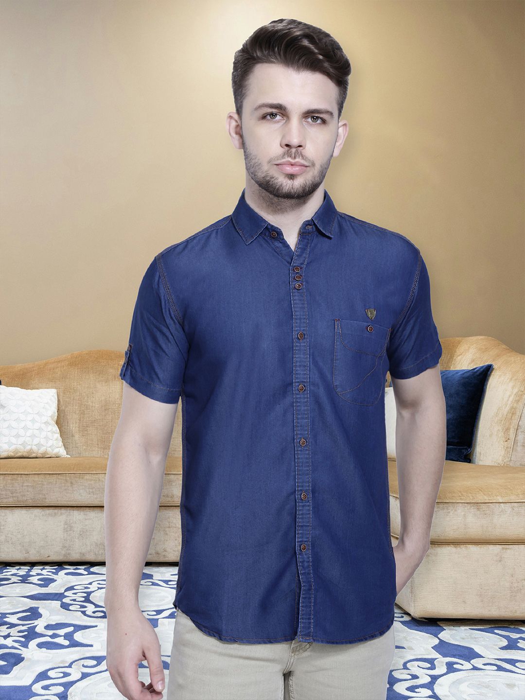 Kuons Avenue Men Blue Smart Slim Fit Casual Denim Shirt