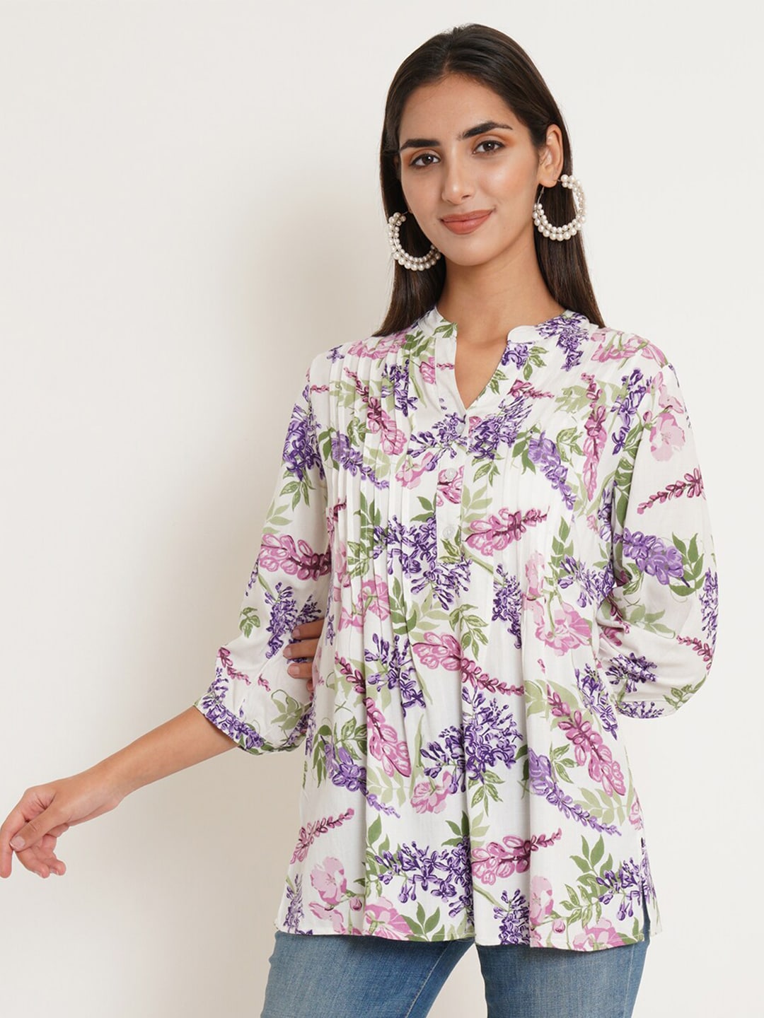 IX IMPRESSION White Floral Print Mandarin Collar Shirt Style Top Price in India