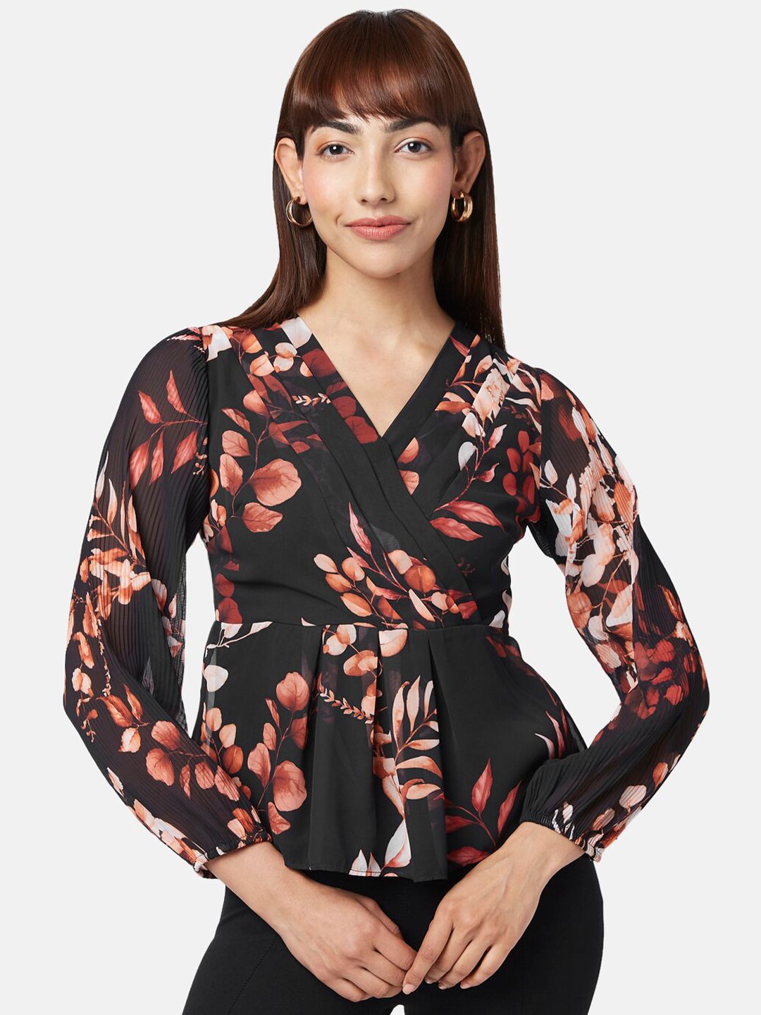 Annabelle by Pantaloons Black & Brown Floral Print Wrap Top Price in India
