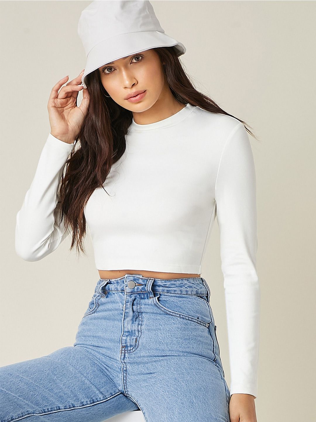 AAHWAN Women White Solid Fitted Crop Top Price in India