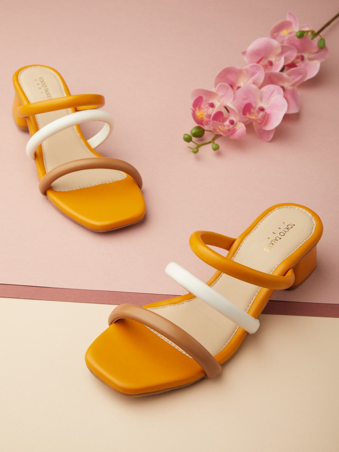Tokyo Talkies Mustard Embellished Block Sandals with Buckles