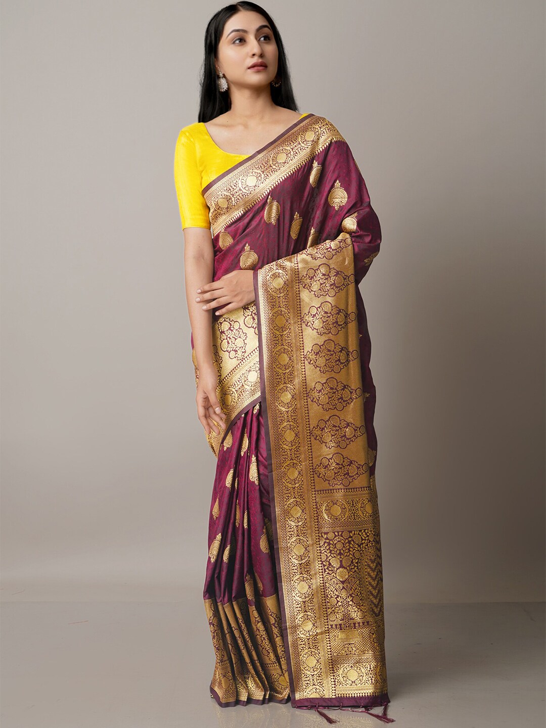 Unnati Silks Purple & Gold-Toned Woven Design Zari Silk Blend Banarasi Saree Price in India