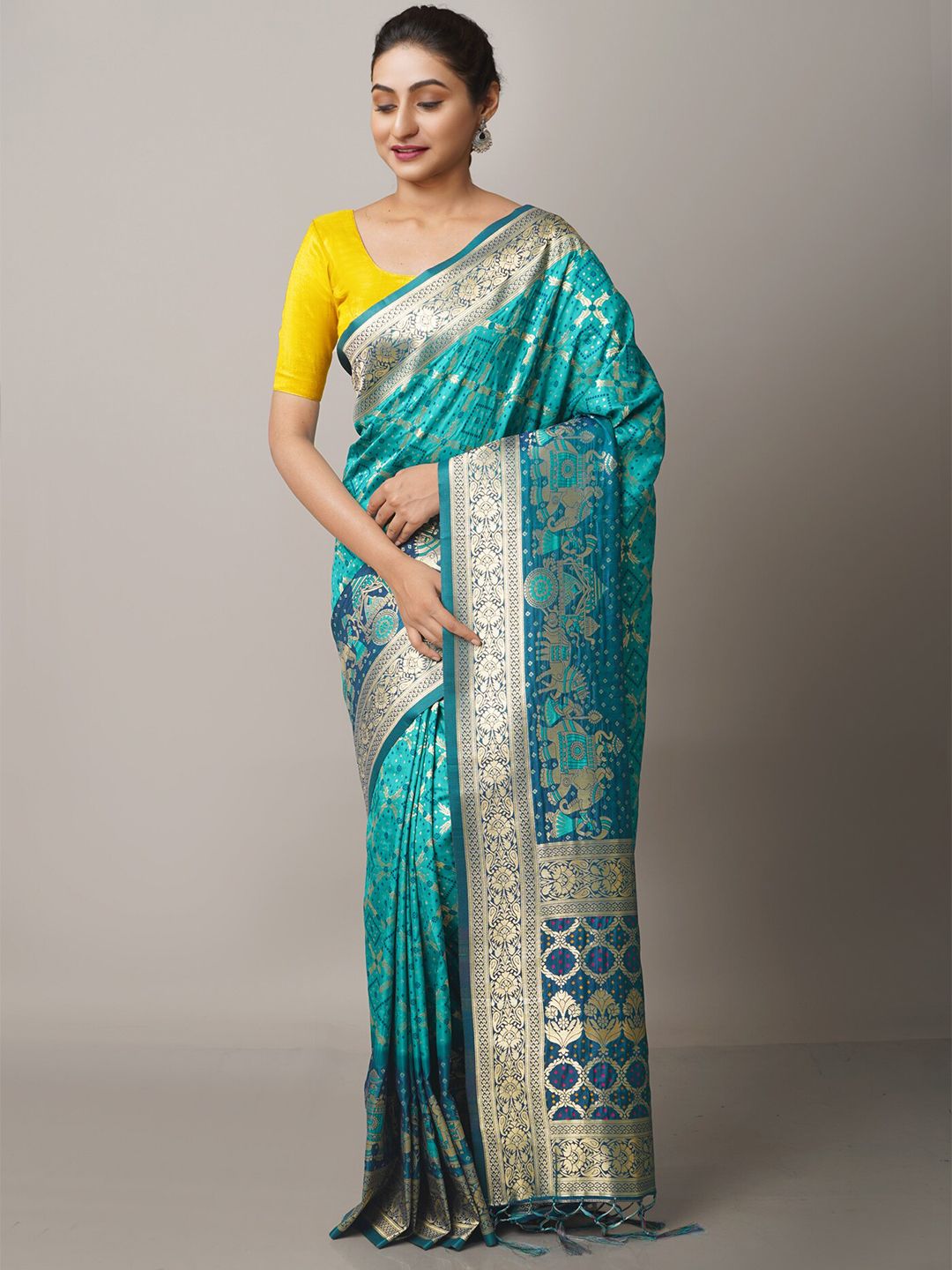 Unnati Silks Blue & Silver-Toned Woven Design Zari Silk Blend Banarasi Saree Price in India