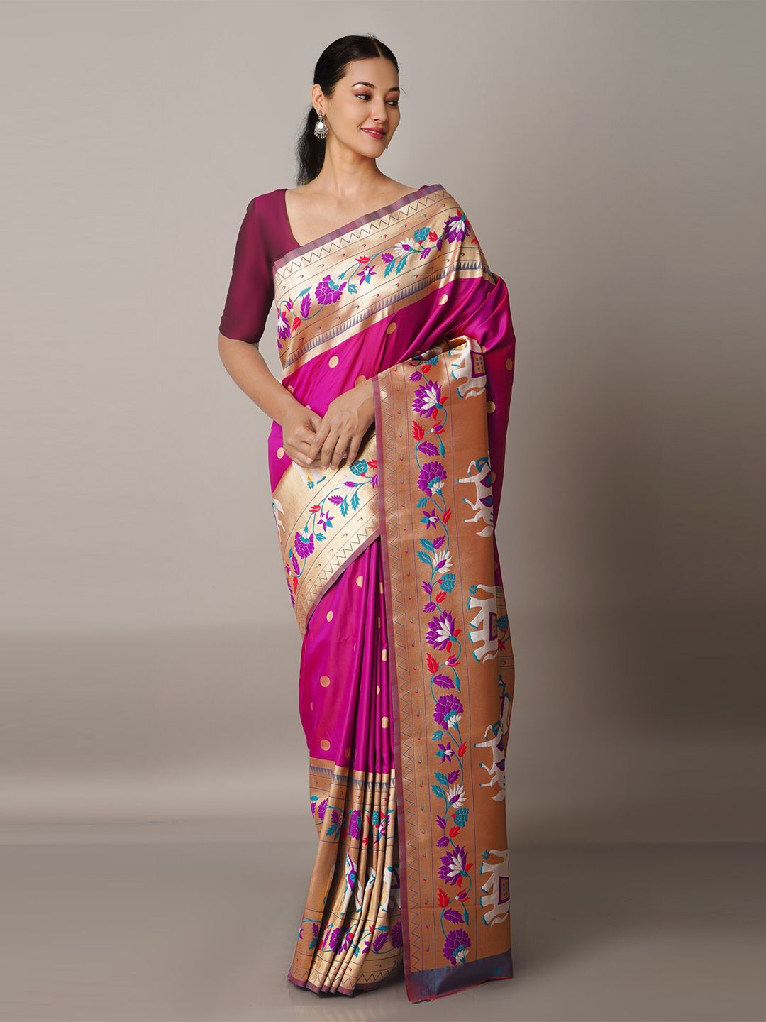 Unnati Silks Purple & Blue Woven Design Zari Silk Blend Paithani Saree Price in India