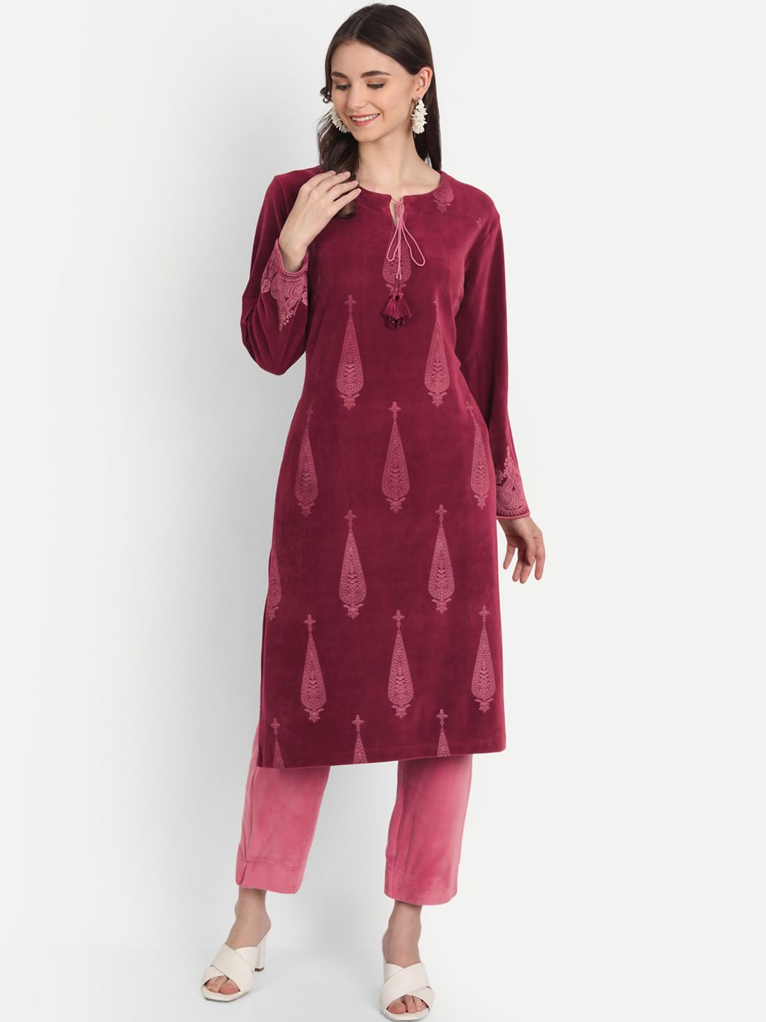 HK colours of fashion Women Burgundy & Pink Paisley Printed Velvet Kurta with Trouser Set Price in India