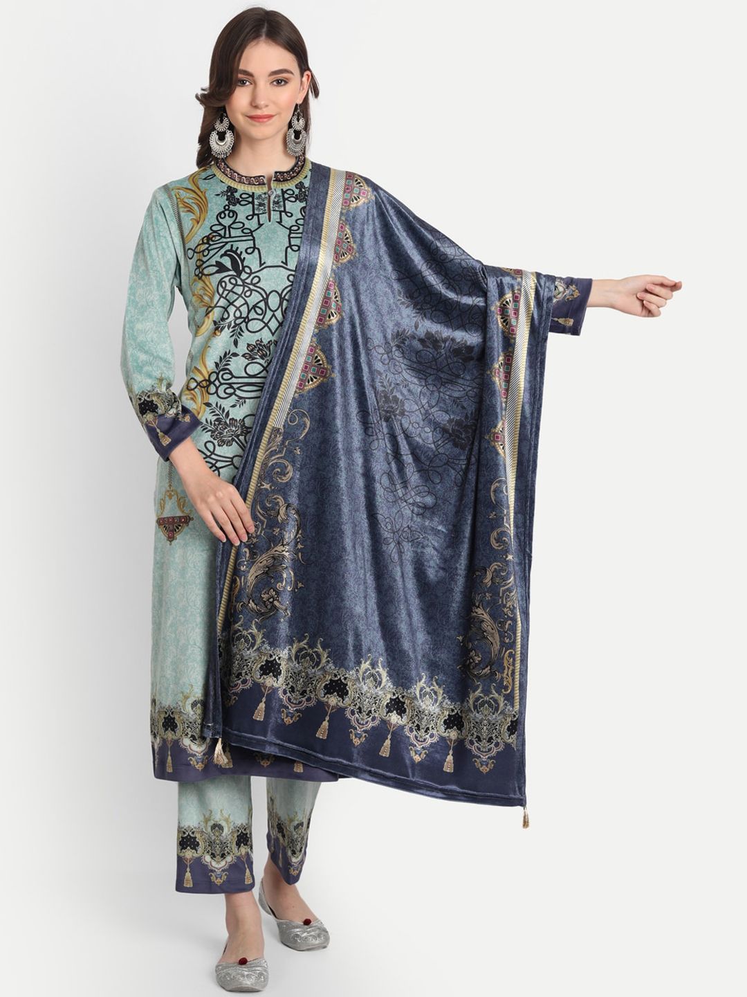 HK colours of fashion Women Blue & Grey Printed Velvet Kurta with Trouser & Dupatta Set Price in India