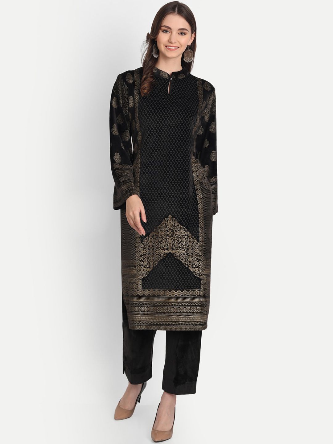 HK colours of fashion Women Black & Gold-Toned Ethnic Printed Kurta with Trouser Set Price in India