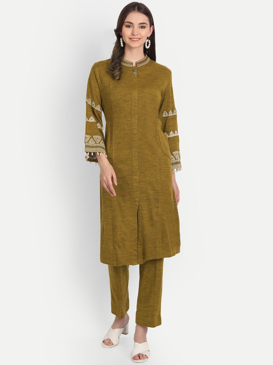 HK colours of fashion Women Lime Green & Beige Panelled Thread Work Kurta with Trouser Set Price in India