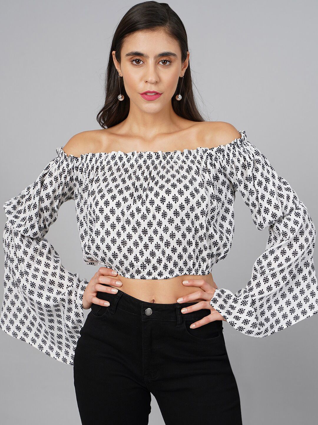 SCORPIUS White & Black Print Off-Shoulder Bardot Crop Top Price in India