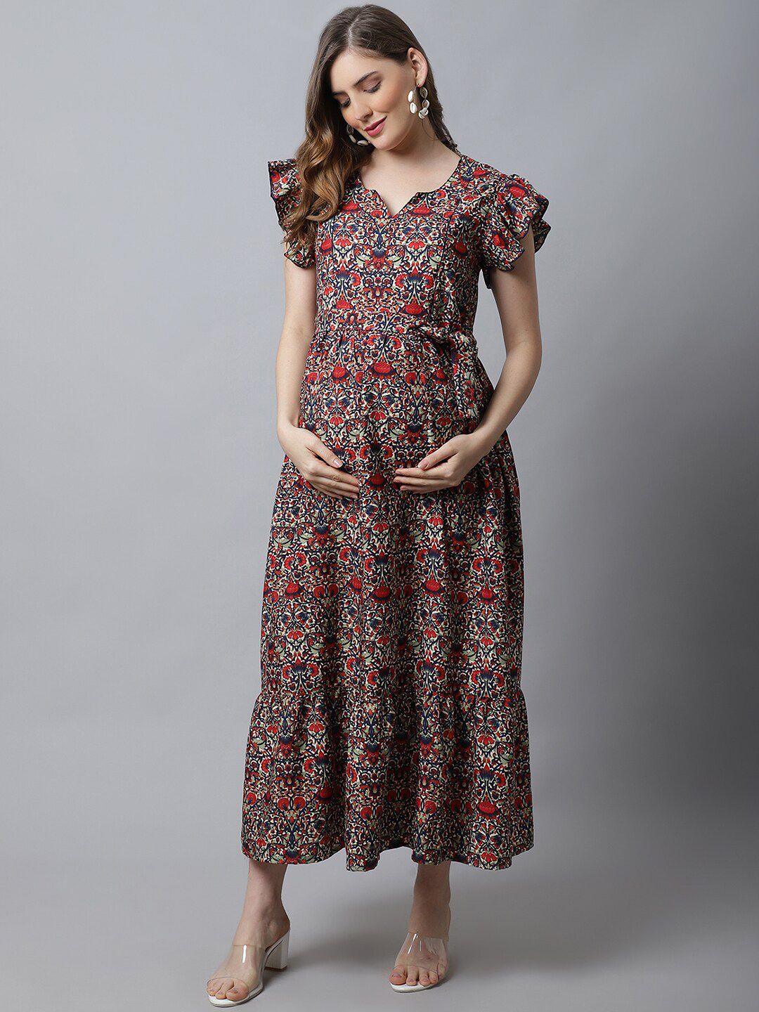 Frempy Red Floral Printed Crepe Maternity Maxi Dress Price in India