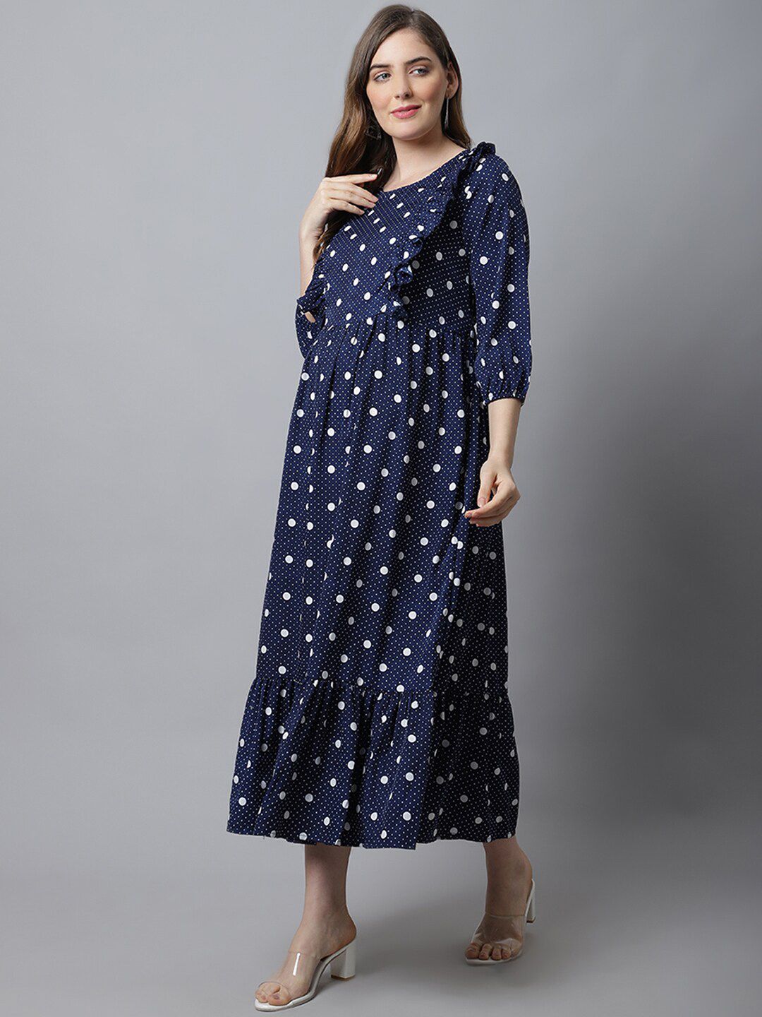 Frempy Women Navy Blue Crepe Polka Dot Printed Maternity Midi Dress Price in India
