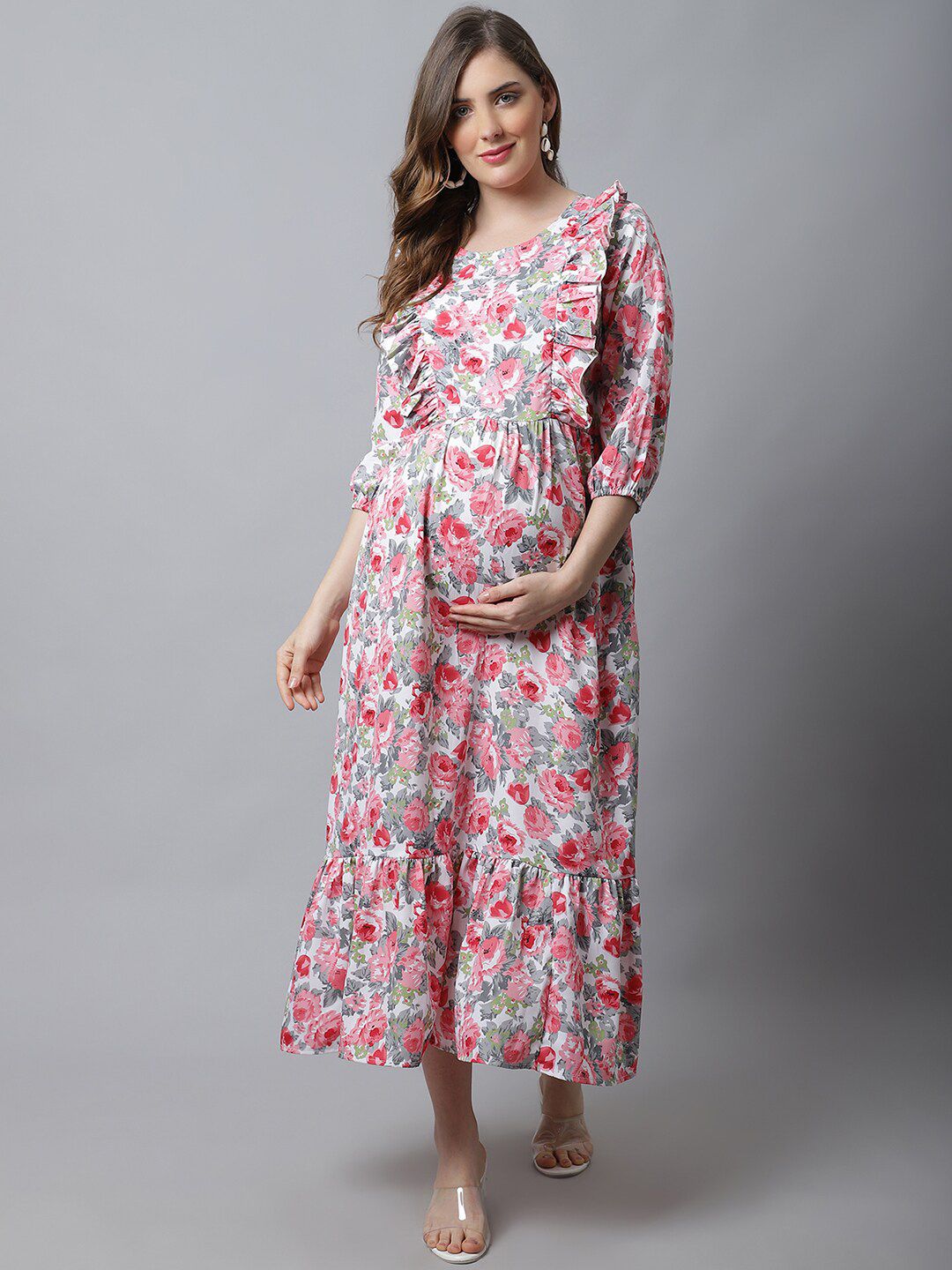 Frempy Pink Floral Crepe Maternity A-Line Midi Dress Price in India