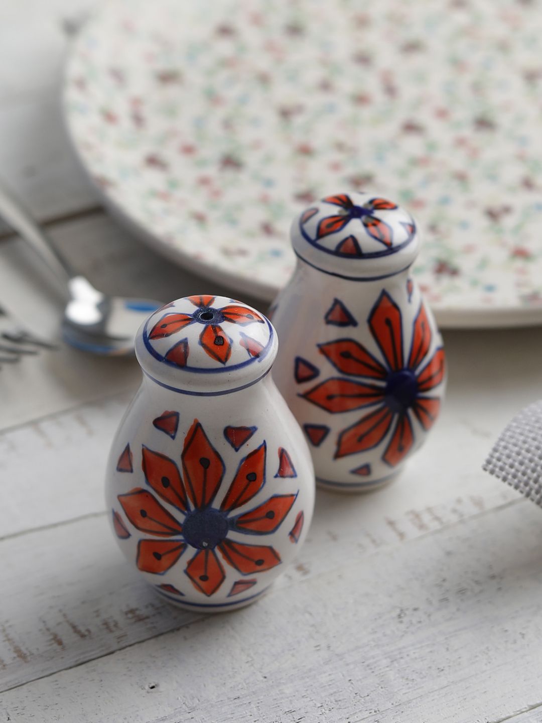 MIAH Decor White & Blue Hand-Painted Salt & Pepper Shaker Price in India