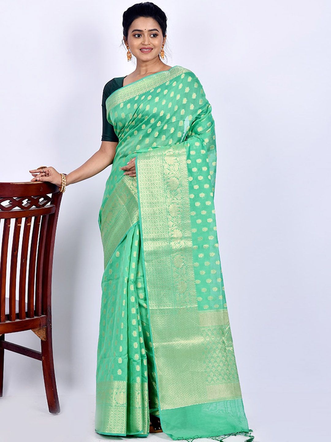AllSilks Green & Gold-Toned Ethnic Motifs Silk Blend Kota Saree Price in India