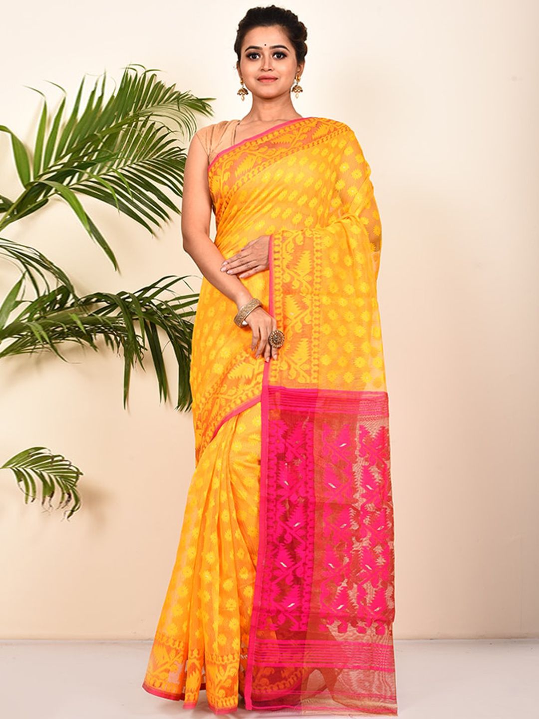 AllSilks Yellow & Pink Floral Taant Saree Price in India