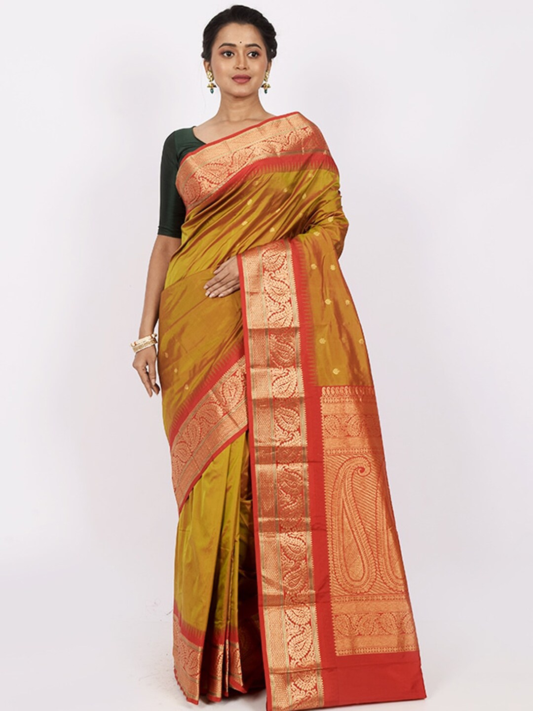 AllSilks Yellow & Rust Ethnic Motifs Zari Silk Blend Kanjeevaram Saree Price in India