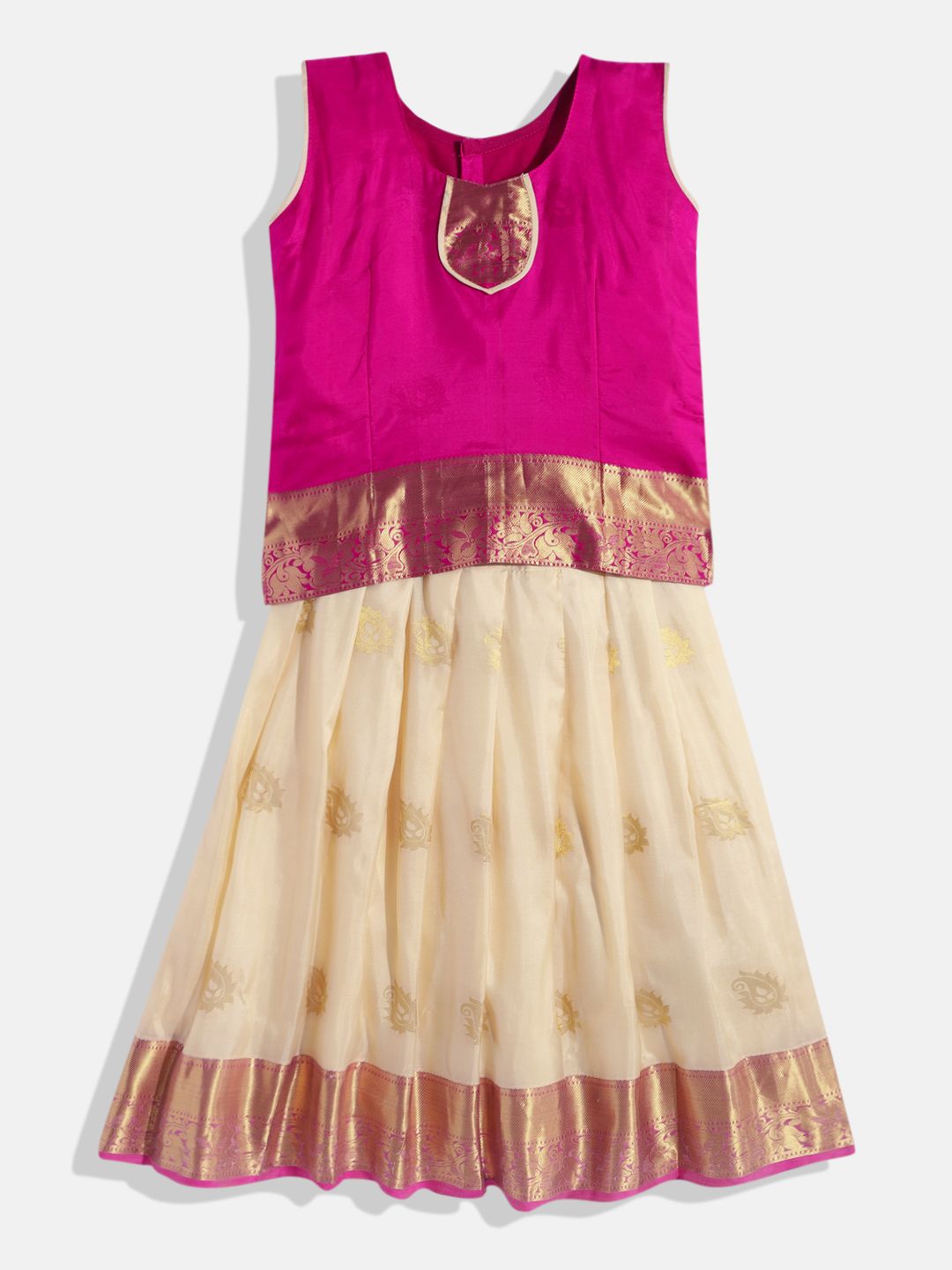 Kanakadara Girls Pink & Cream-Coloured Ready to Wear Pure Silk Pavadai Set Price in India