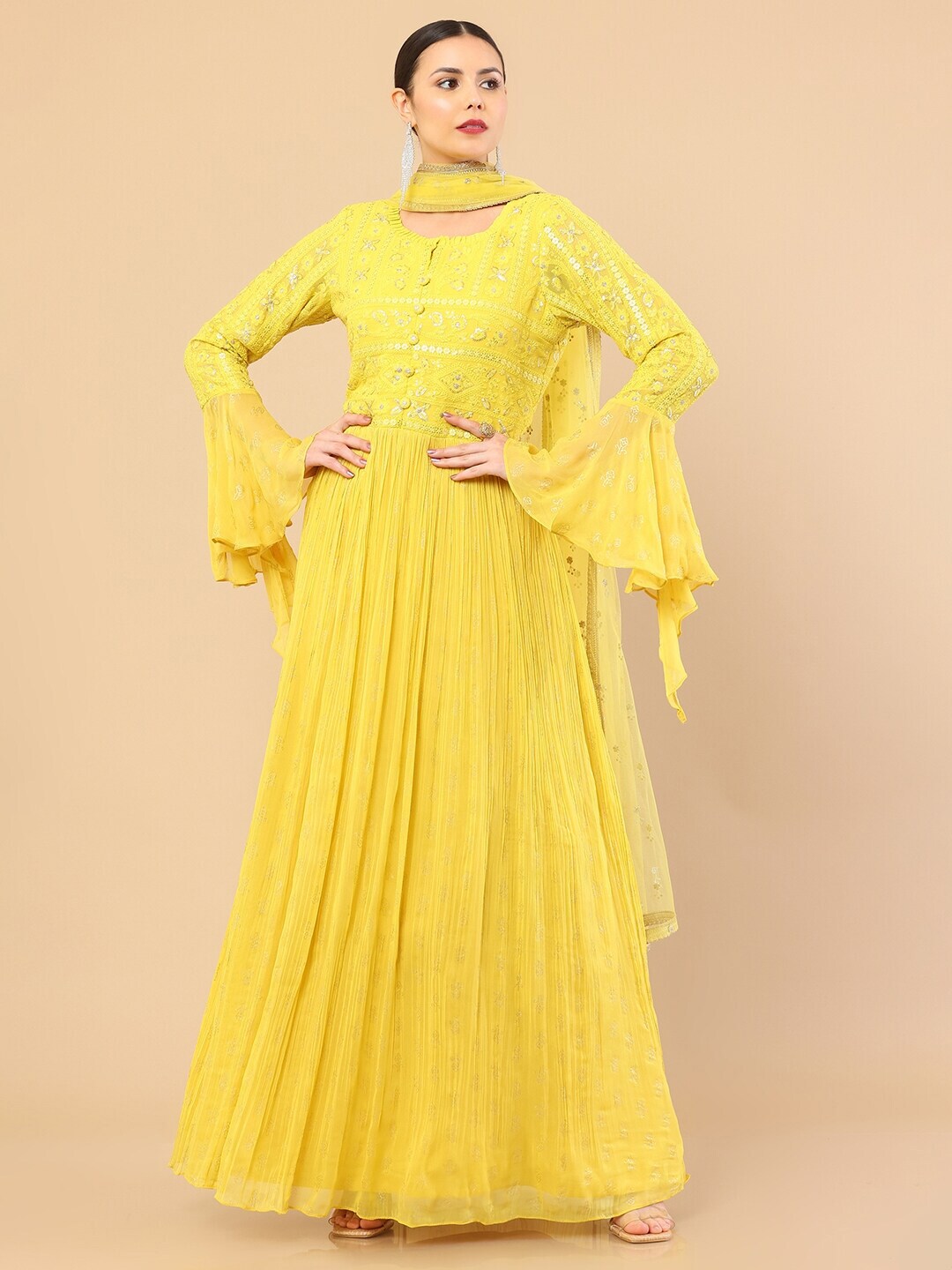 Soch Women Yellow Georgette Ethnic Maxi Maxi Dress Price in India