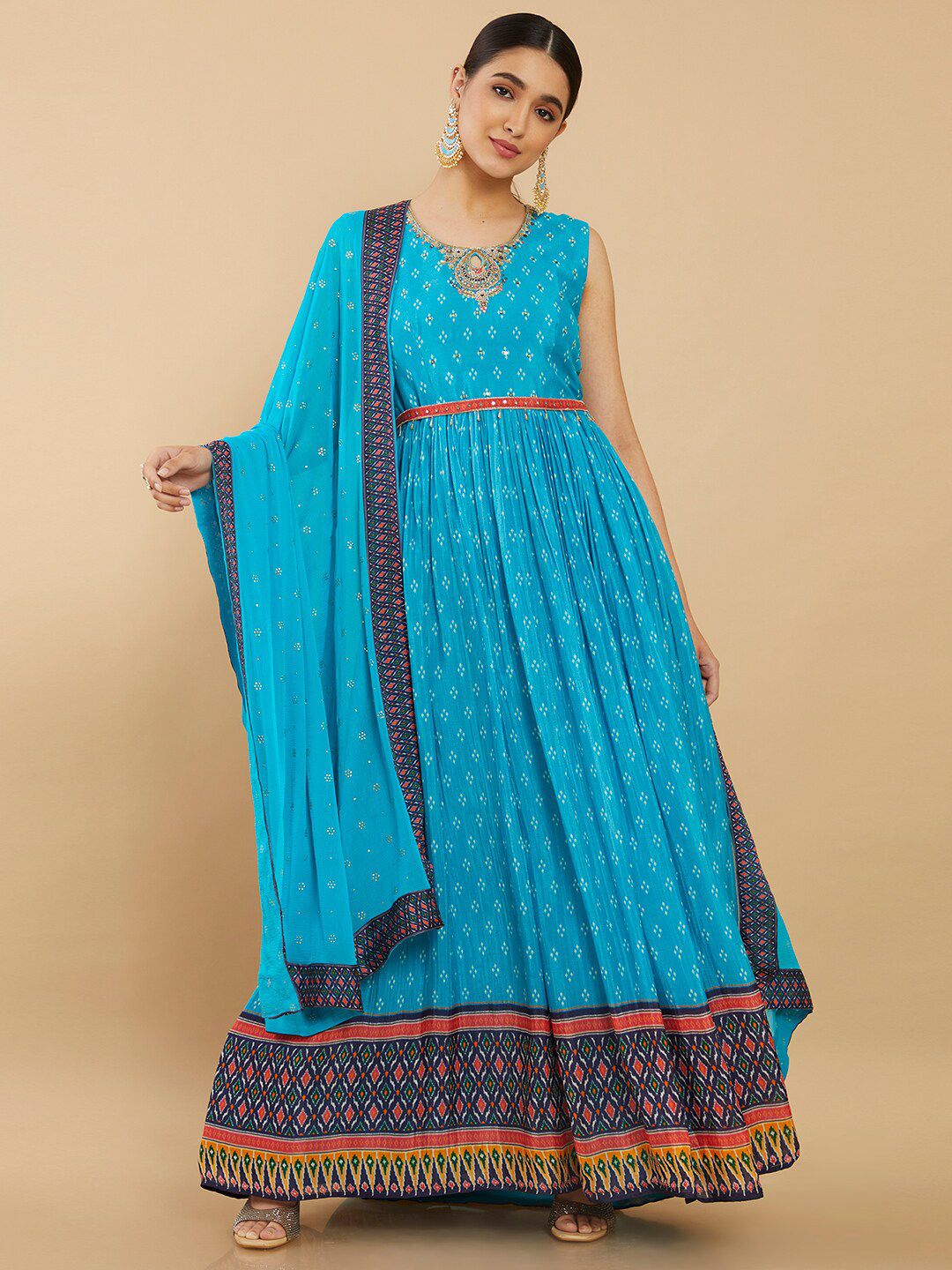 Soch Women Blue Ethnic Motifs Printed Pleated Pure Cotton Kurta with Churidar & With Dupatta Price in India