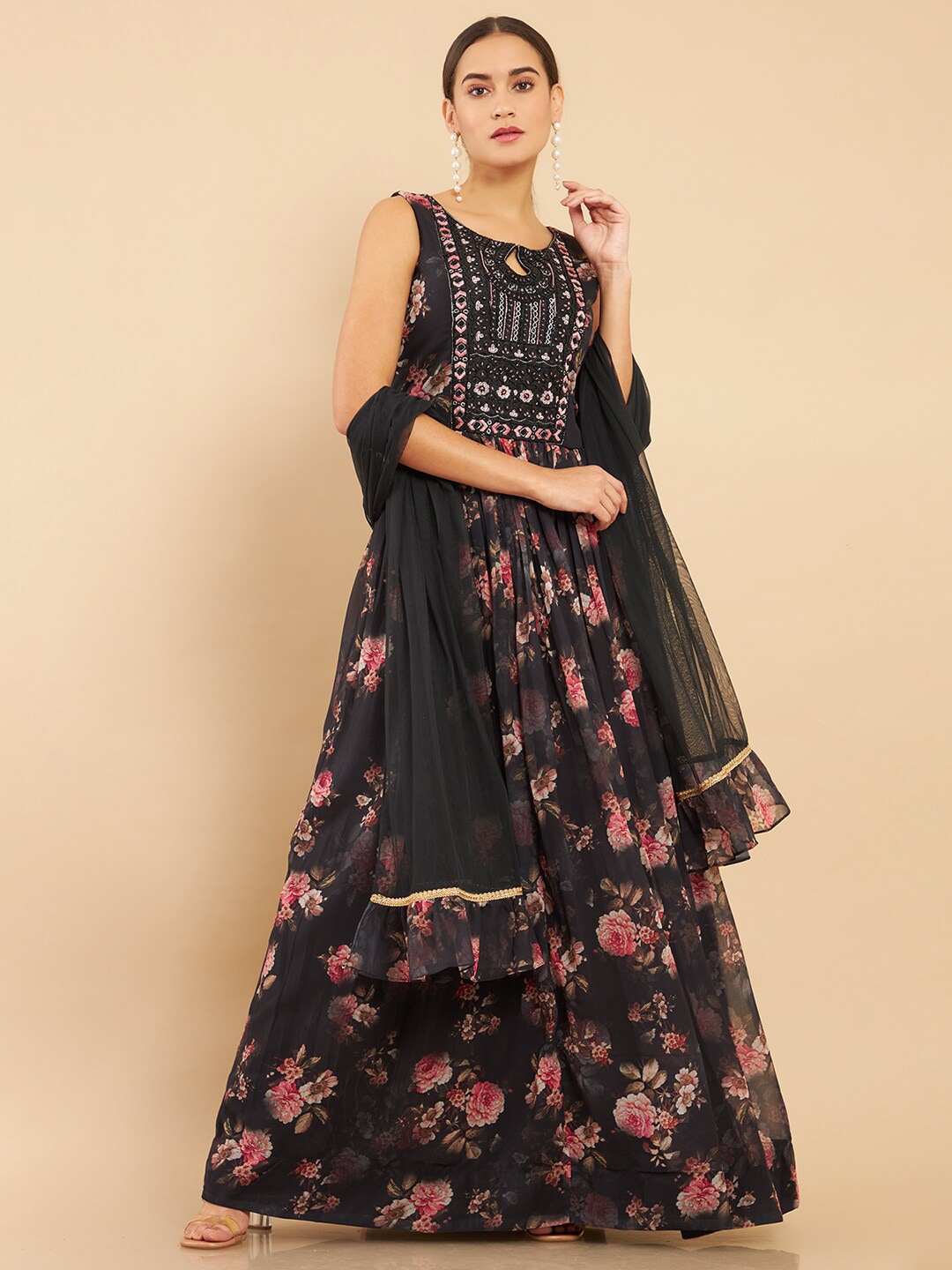 Soch Black Floral Keyhole Neck Georgette Ethnic Maxi Maxi Dress Price in India
