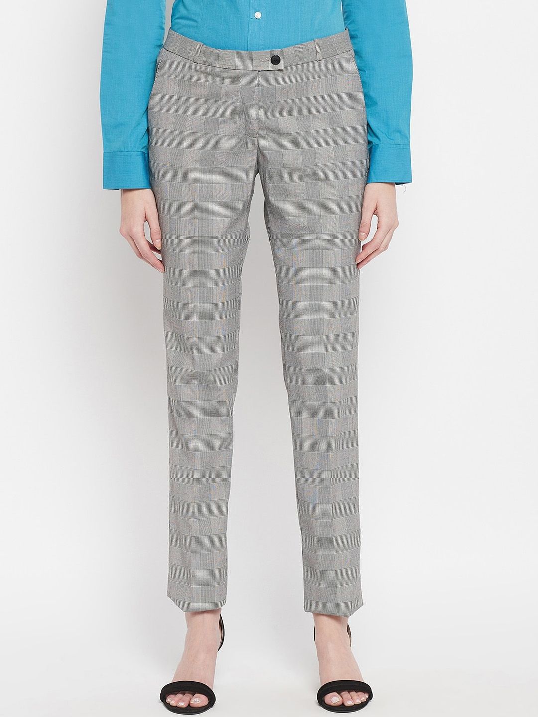 Crozo By Cantabil Women Grey Checked Formal Trouser Price in India