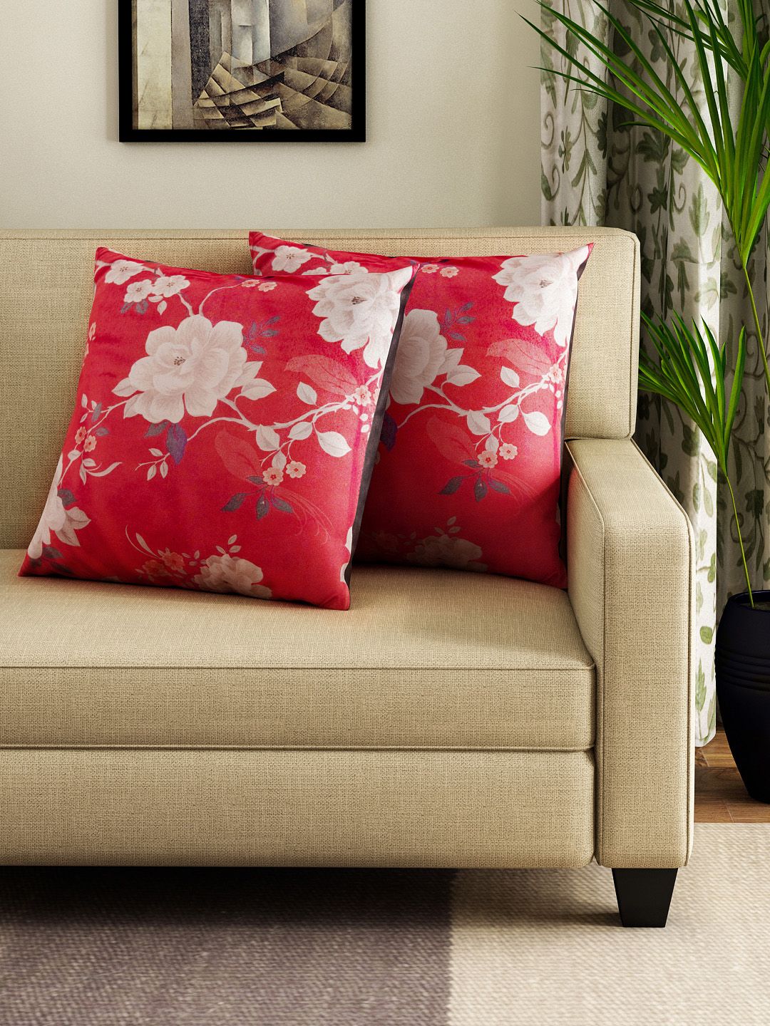 HOUZZCODE Set of 2 Red & White Printed 16" x 16" Square Cushion Covers Price in India