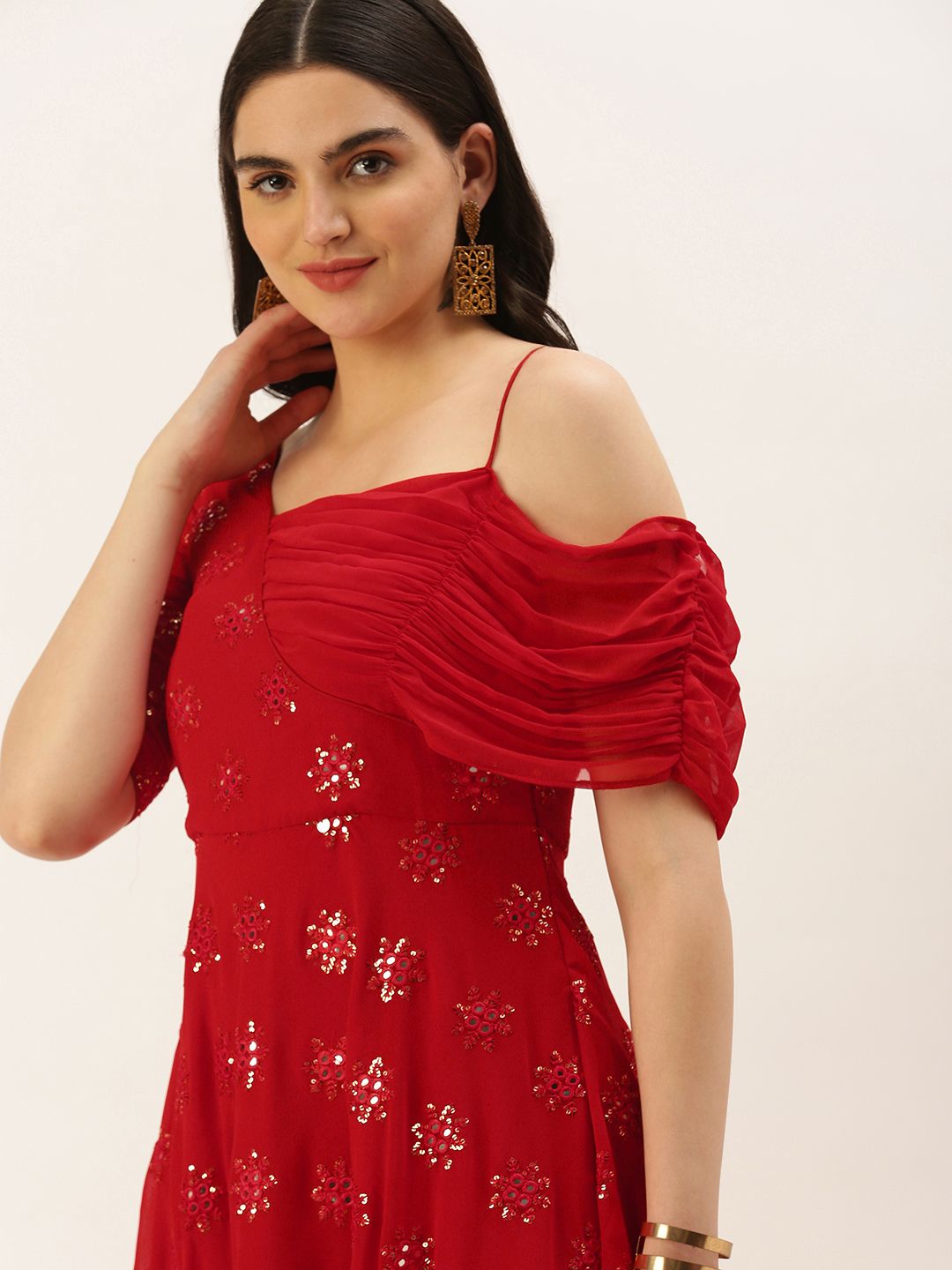 Ethnovog Ready To Wear Red Georgette Embroidered One Shoulder Style Gown Price in India