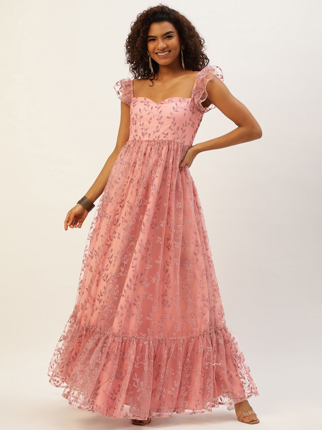 Ethnovog Pink Ethnic Motifs Embroidered Net Maxi Dress Price in India