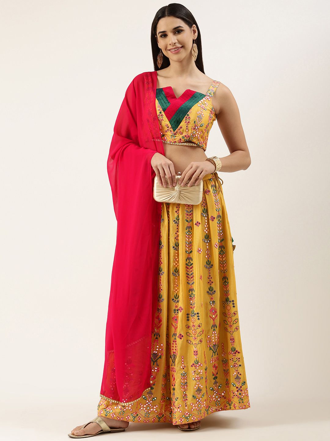 EthnoVogue Yellow Embroidered Mirror Work Ready to Wear Lehenga & Blouse With Dupatta Price in India