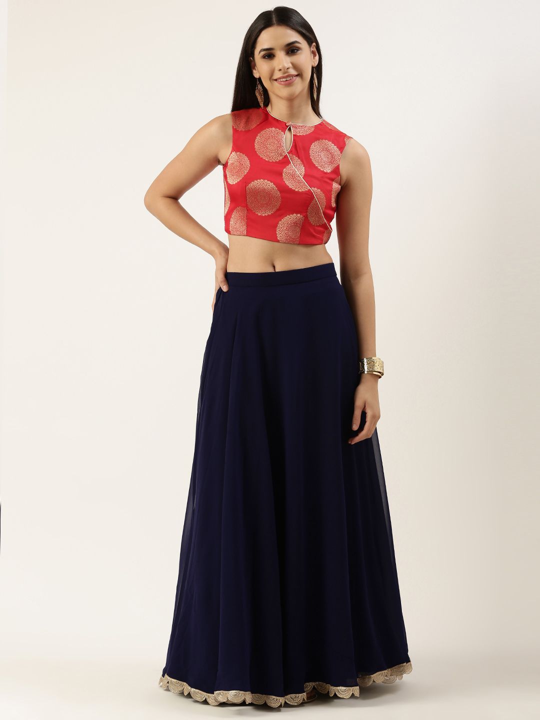 EthnoVogue Red & Navy Blue Embroidered Ready to Wear Lehenga Choli Price in India