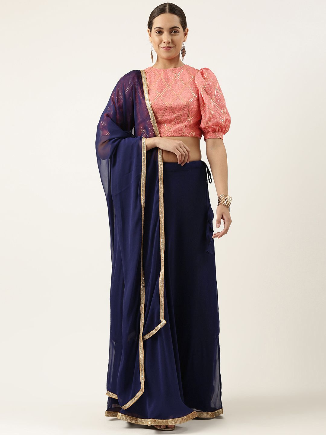 Ethnovog Ready To Wear Navy Blue N Peach Embroidered Lehenga Set Price in India