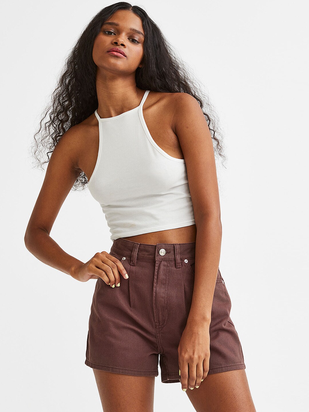 H&M Women Solid Pure Cotton Twill Shorts Price in India