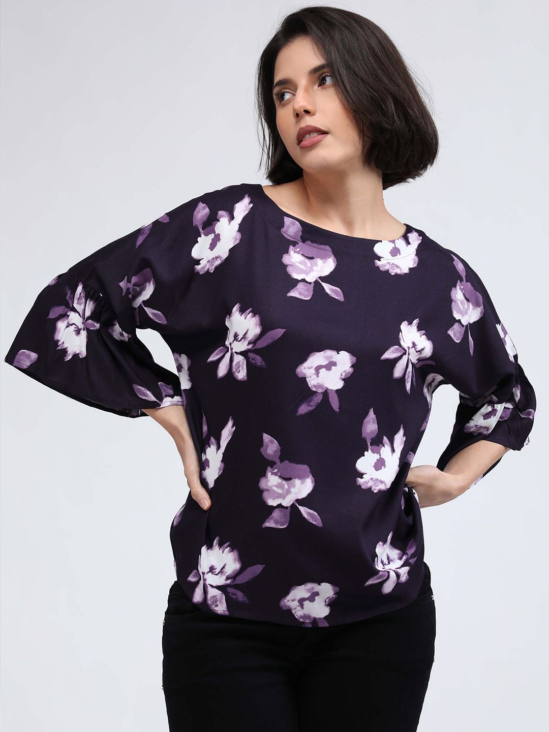 IDK Women Purple & White Floral Printed Extended Sleeves Top Price in India