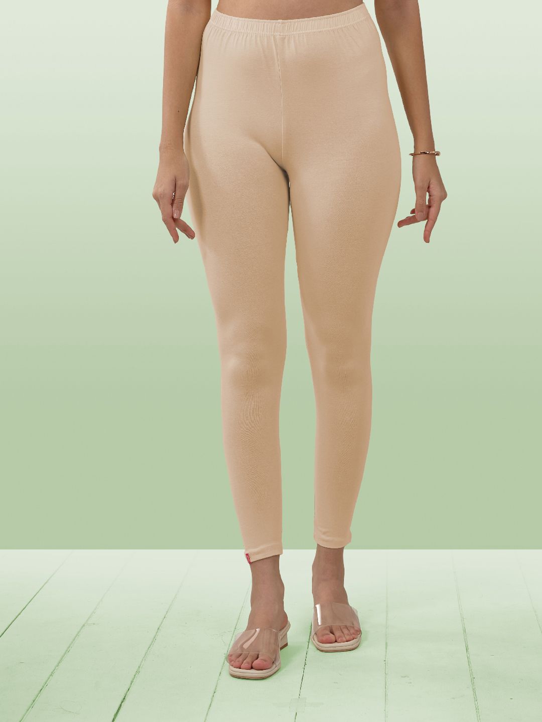 LYRA Women Beige Solid Cotton Ankle-Length Leggings
