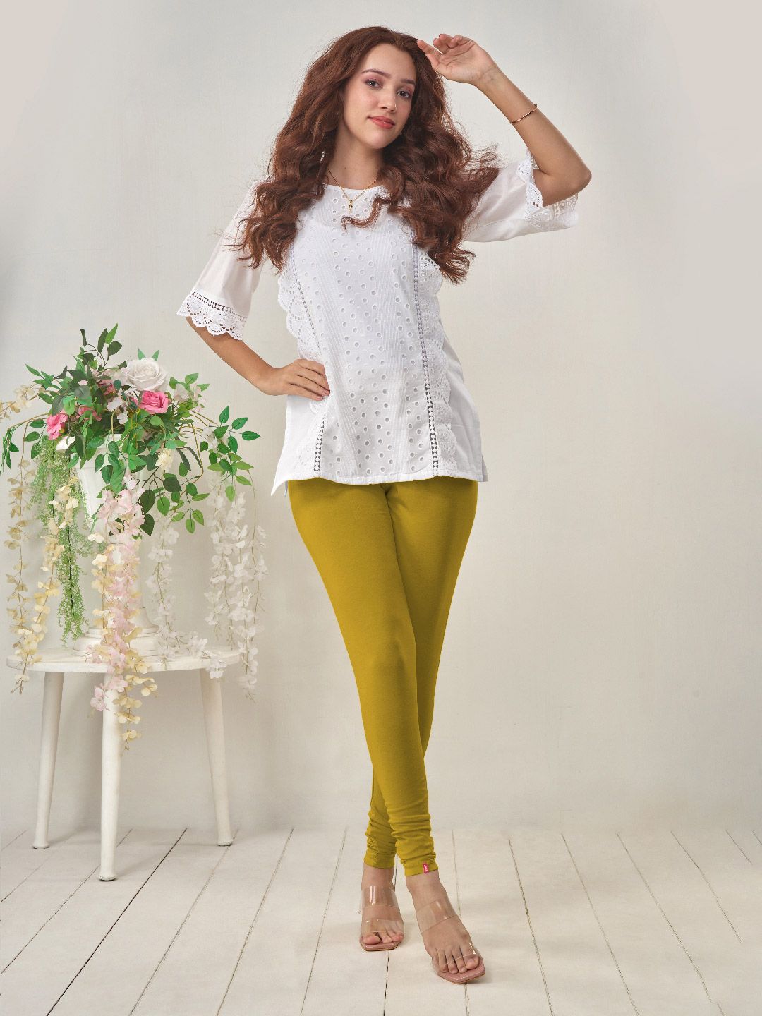 LYRA Women Olive Green Solid Churidar-Length Leggings