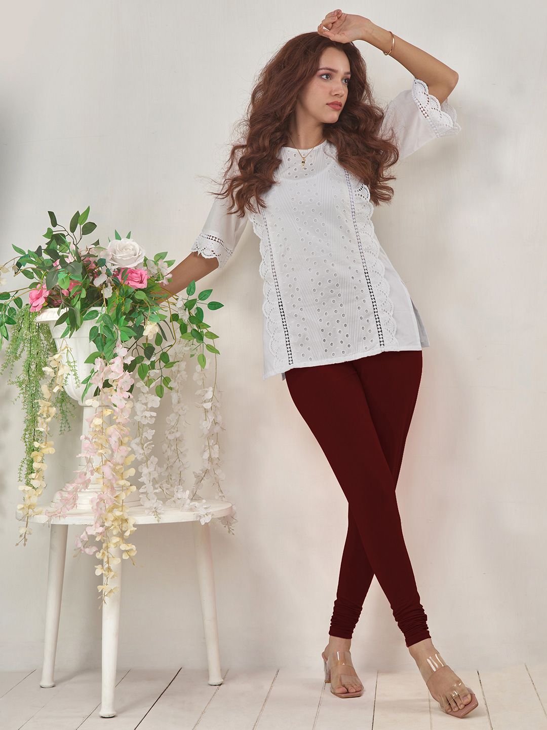 LYRA Women Maroon Solid Churidar-Length Leggings